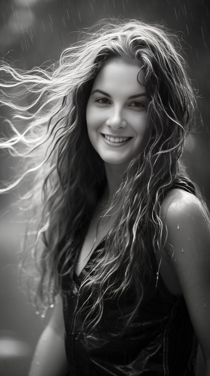 Lluvia & Alma — retrato conceptual en blanco y negro de una mujer sonriendo bajo la lluvia