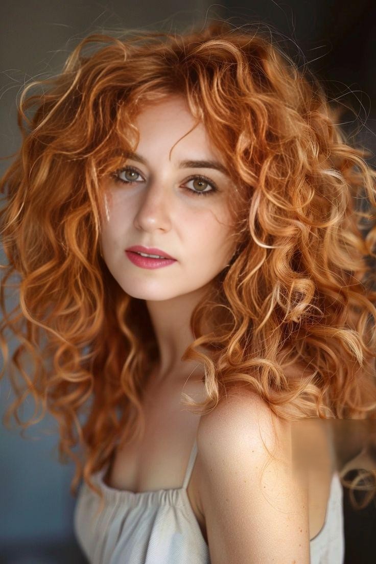Fuego Suave — retrato artístico en color de una mujer con cabello pelirrojo rizado e iluminación suave