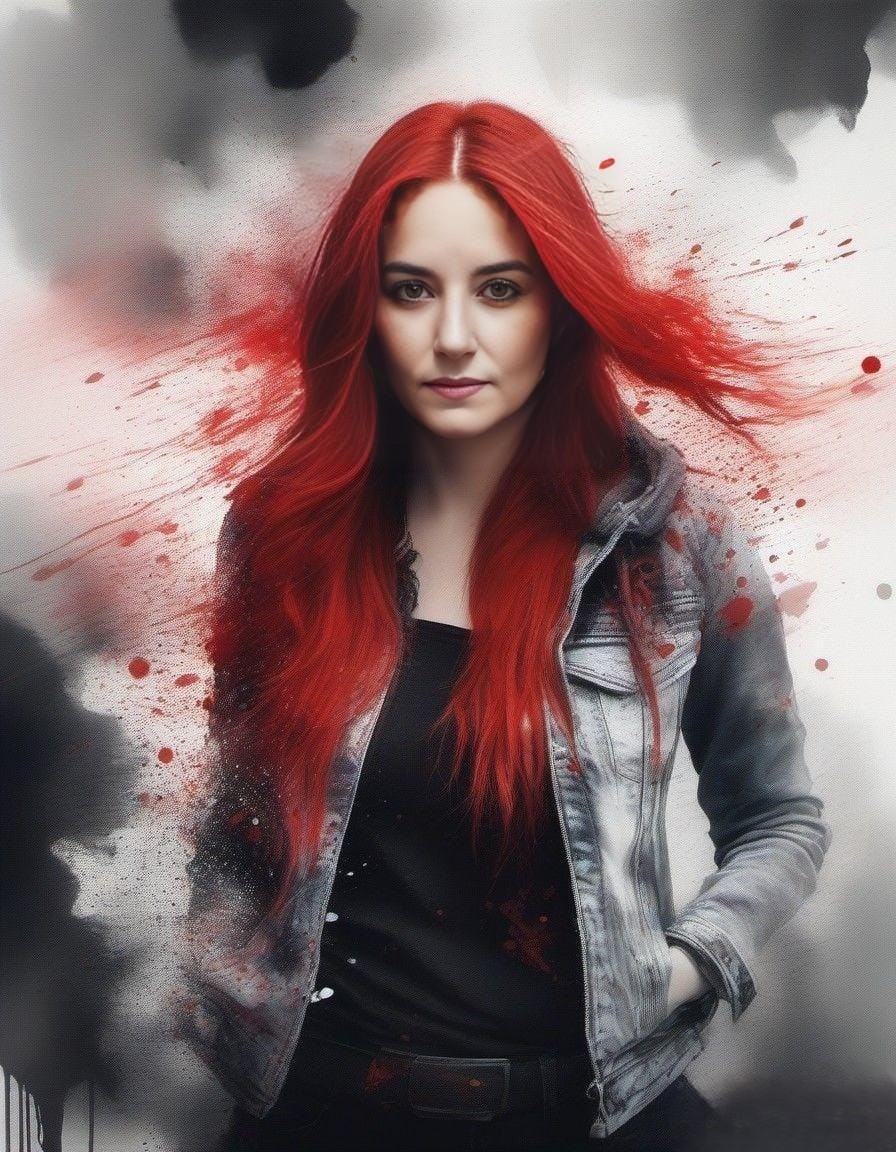 Rojo Urbano — retrato digital estilizado de una mujer con cabello rojo intenso, chaqueta vaquera y salpicaduras de pintura