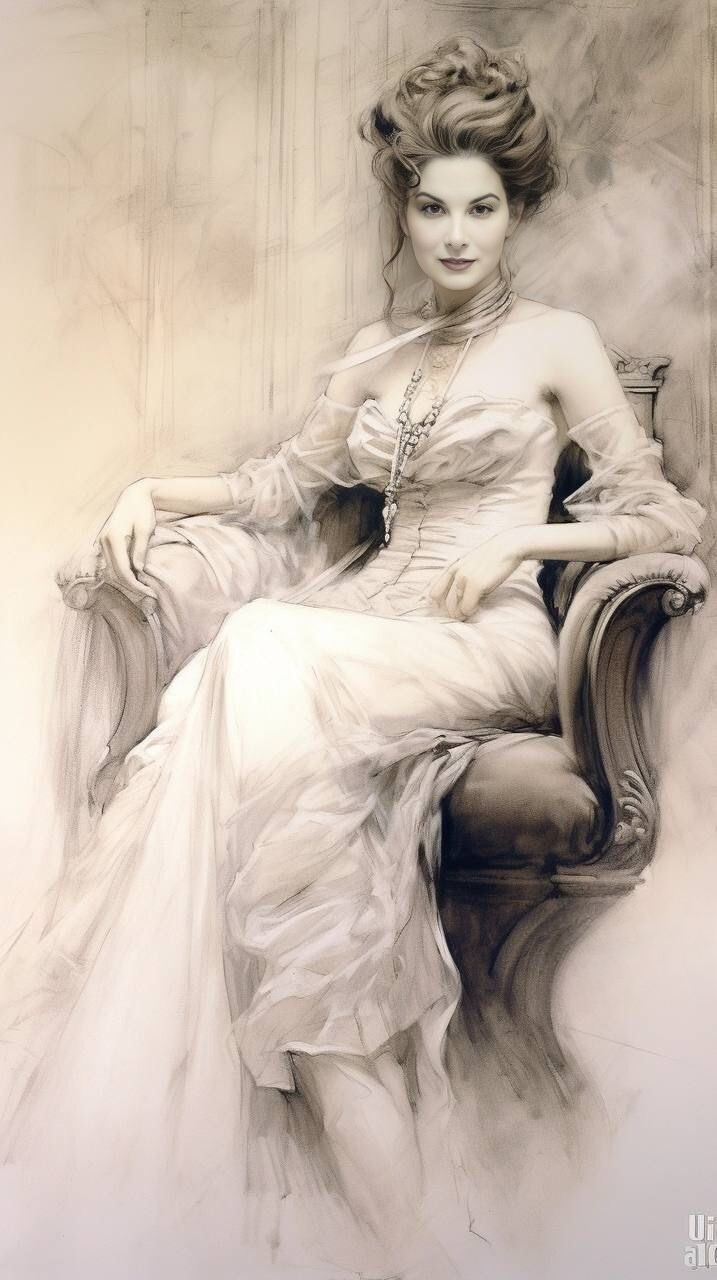 Retrato Clásico — ilustración digital de una mujer elegante sentada en un sillón, con estética de retrato clásico a lápiz