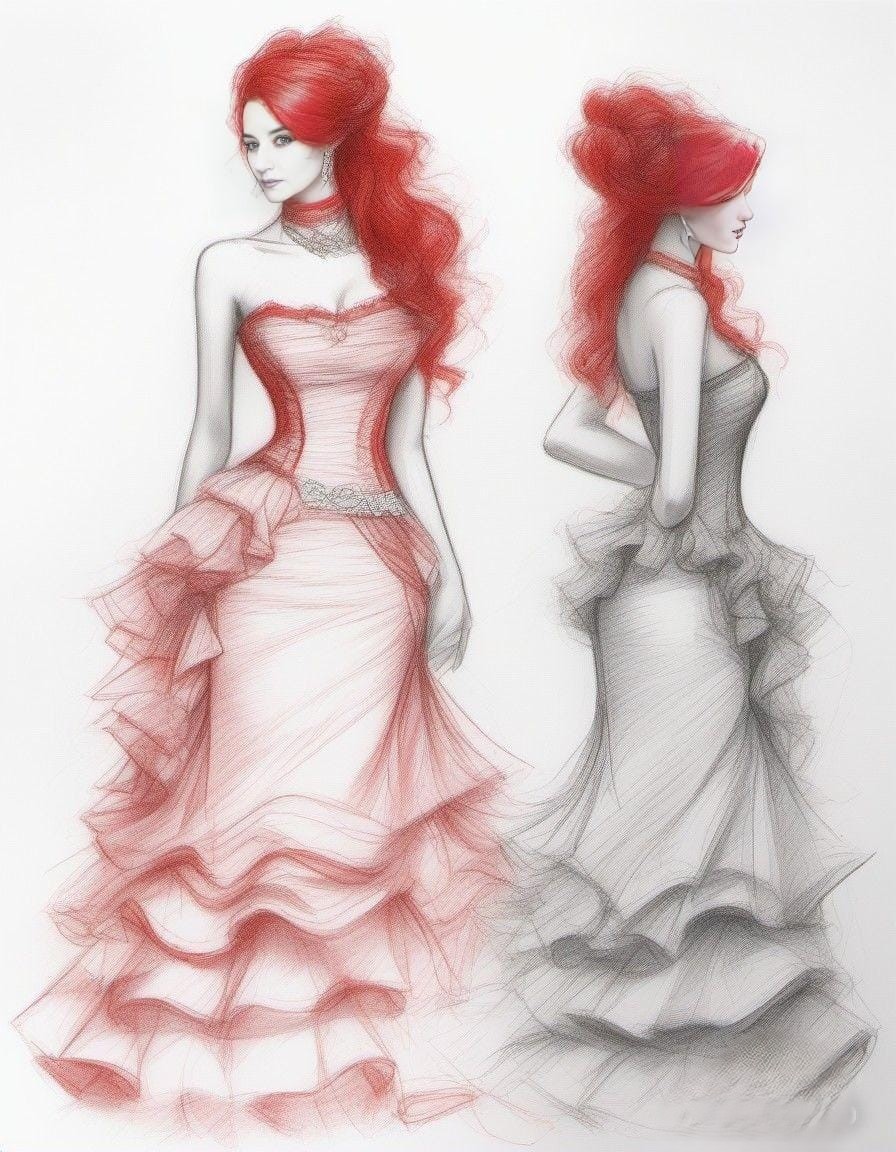 Volantes — ilustración de moda con doble vista del mismo vestido de volantes, en rojo y en grafito