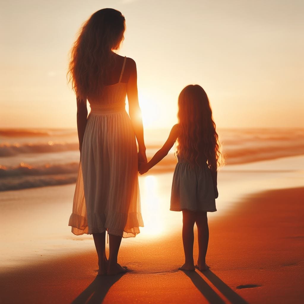 Atardecer en la Orilla — composición digital de una madre e hija de la mano al atardecer en la playa, con luz cálida y dorada