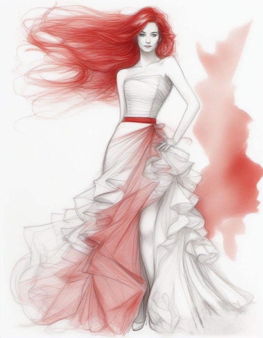 Viento y Seda — ilustración de moda con una mujer de cabello rojo al viento y vestido vaporoso con detalles en rojo