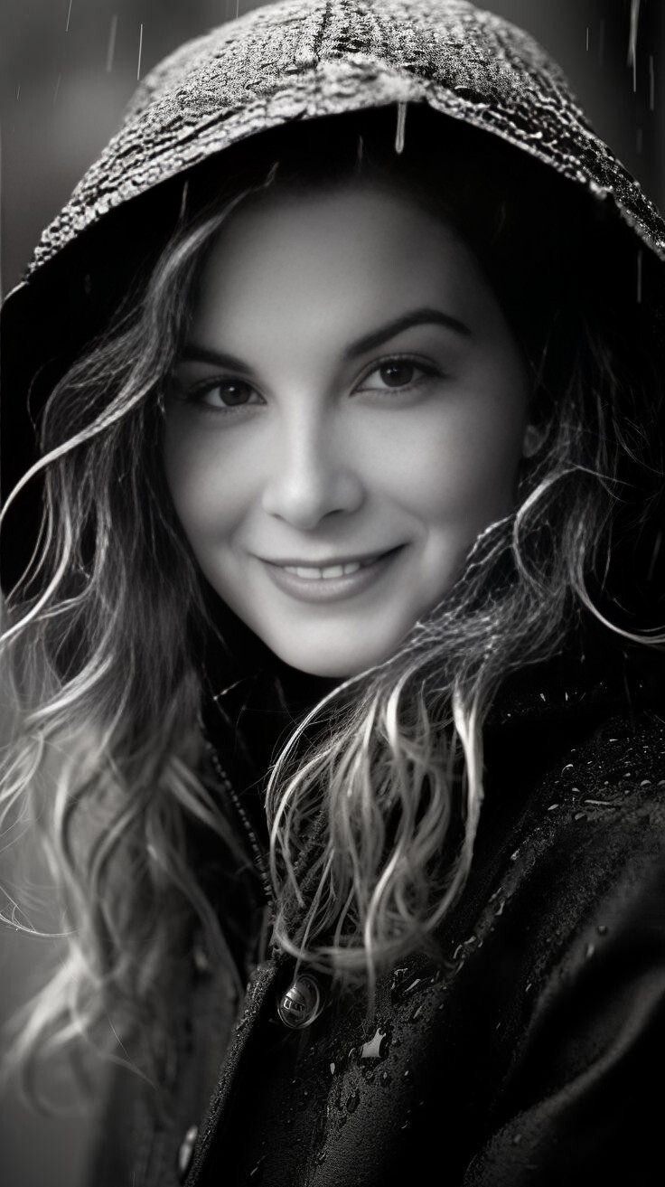 Lluvia — retrato conceptual en blanco y negro de una mujer con capucha bajo la lluvia