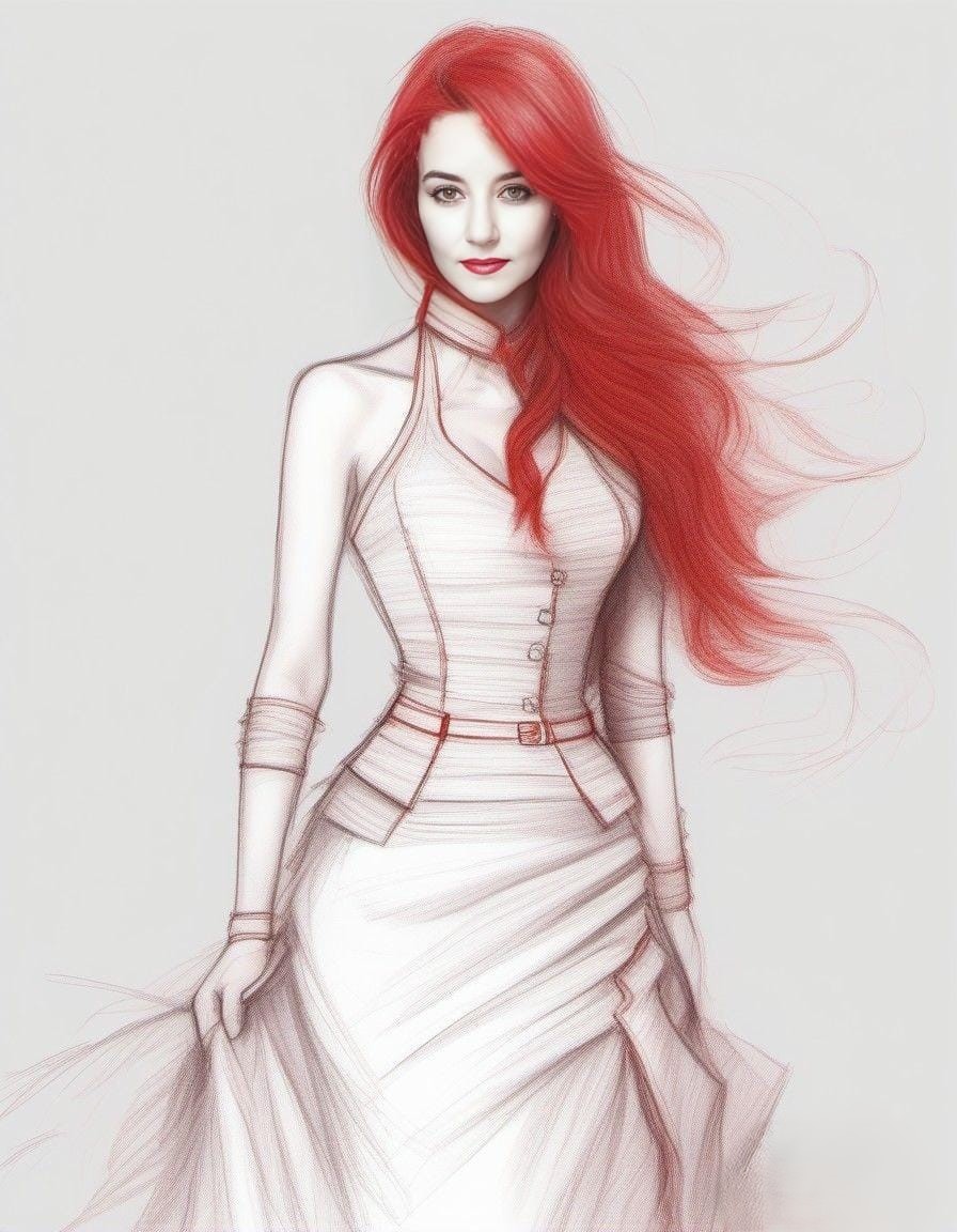 Elegancia en Rojo — ilustración fashion sketch de una mujer con cabello rojo y vestido elegante con detalles en rojo