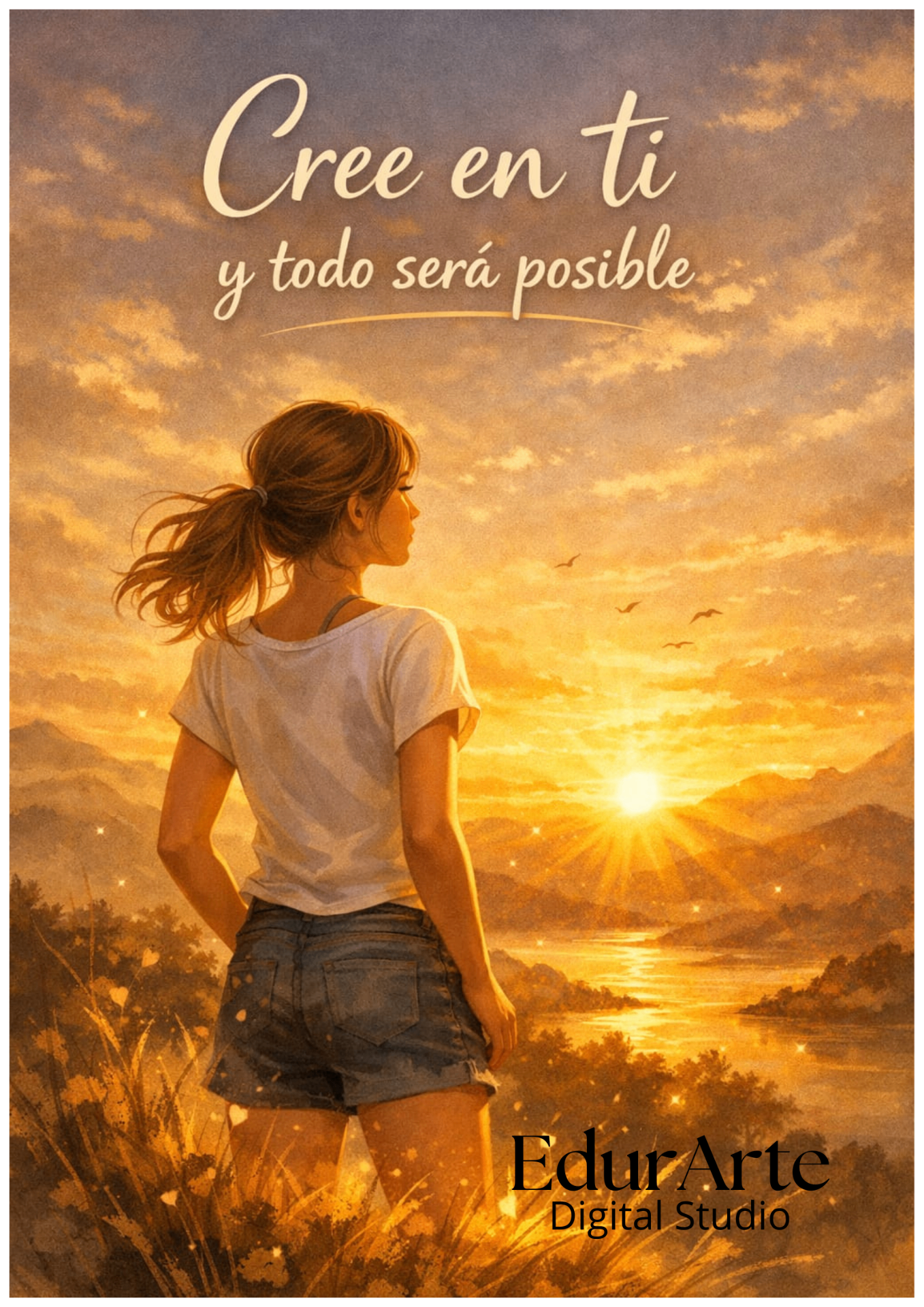 Cree en ti — ilustración digital de una chica contemplando un amanecer cálido sobre montañas y río