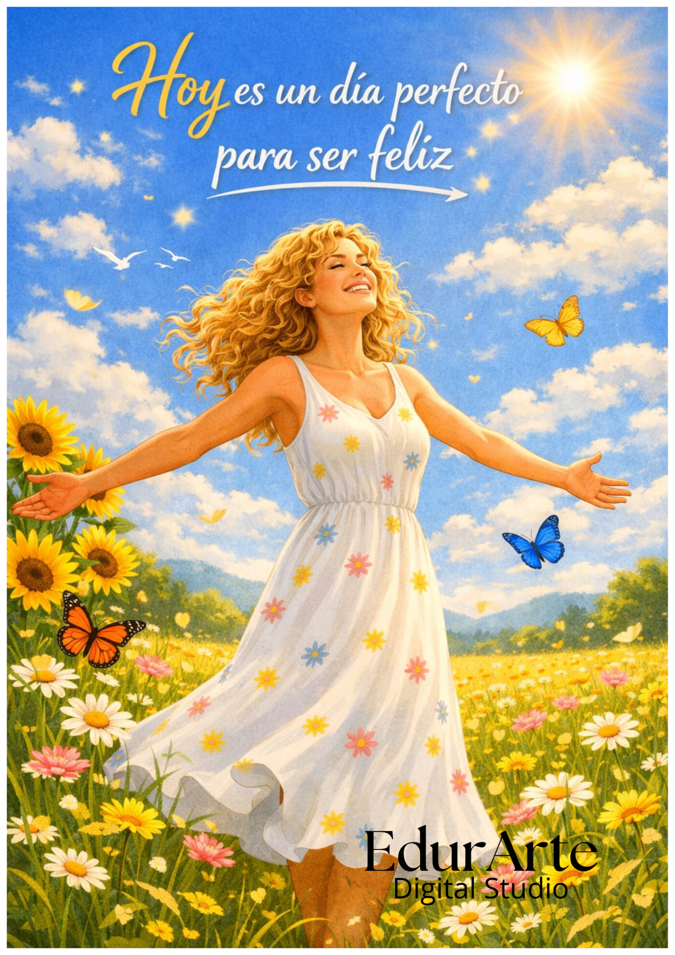 Día perfecto — ilustración luminosa de una mujer feliz en un prado de flores con mariposas y sol radiante