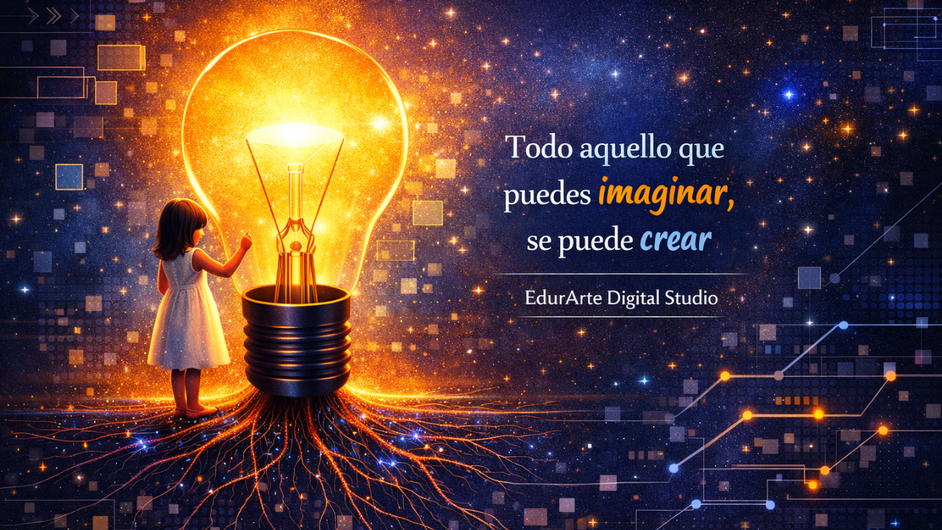 Imagina y crea — ilustración conceptual con una niña, una bombilla luminosa y un universo de circuitos y estrellas
