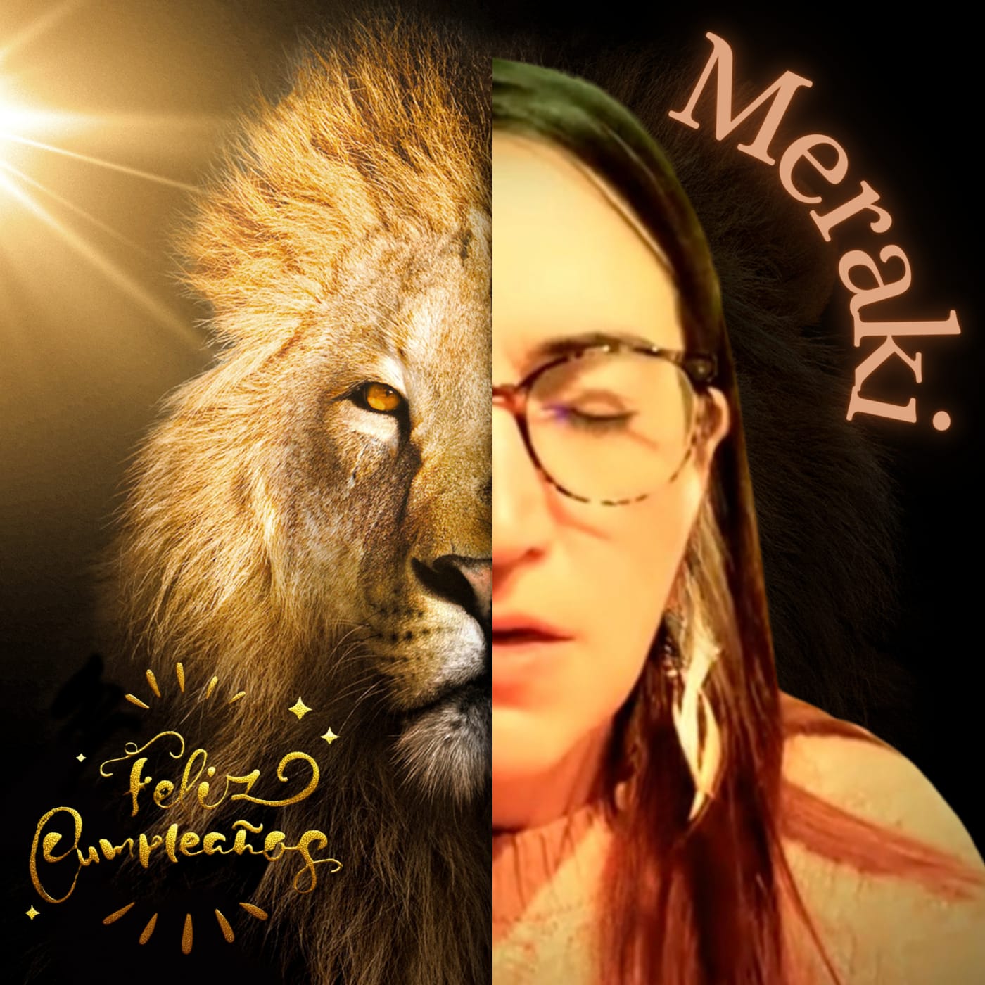 Meraki — composición digital que fusiona un retrato humano con un león, trabajada con luz cálida y textura dorada