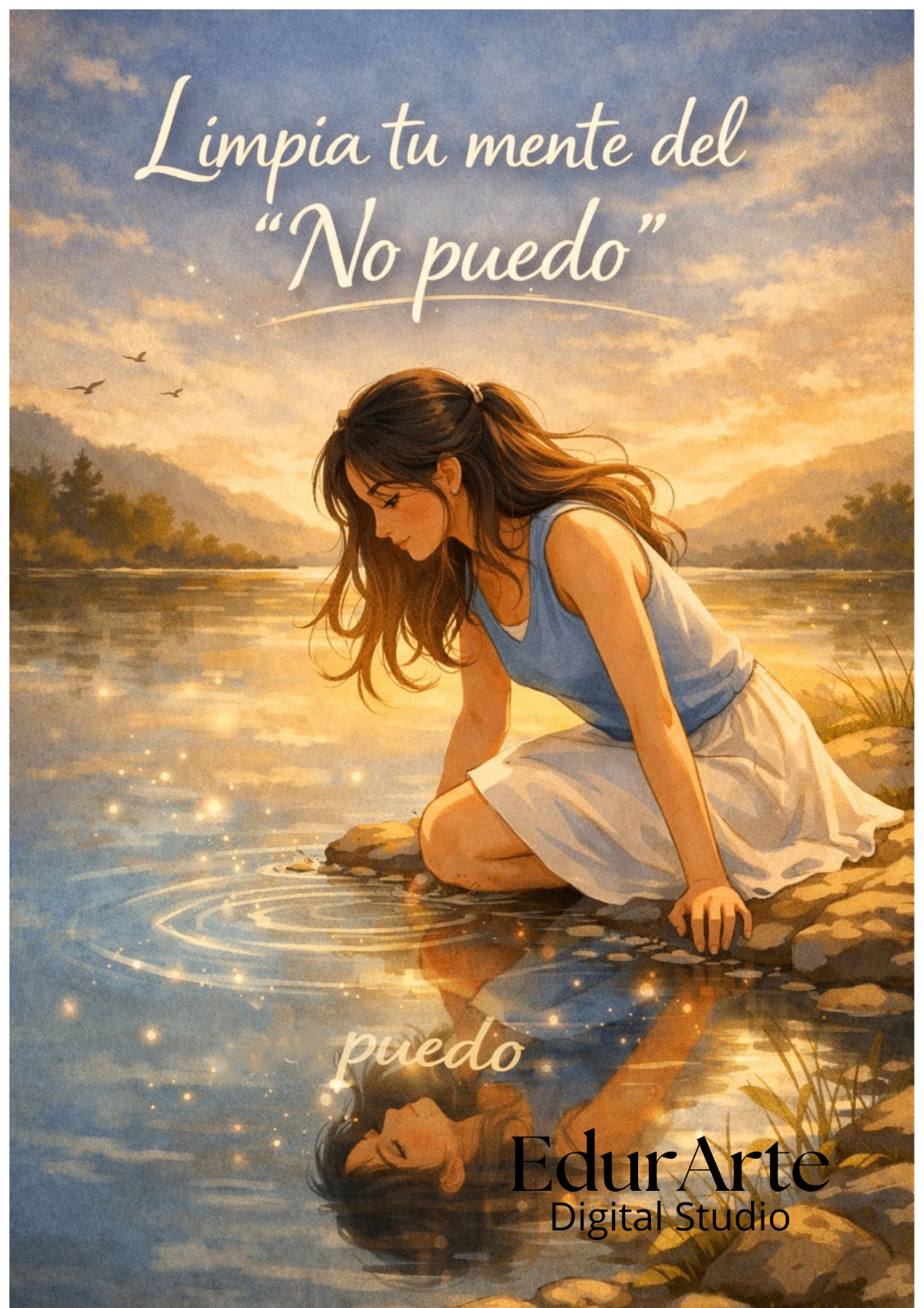 Puedo — ilustración serena de una mujer junto al agua al atardecer, con reflejo simbólico y luz dorada