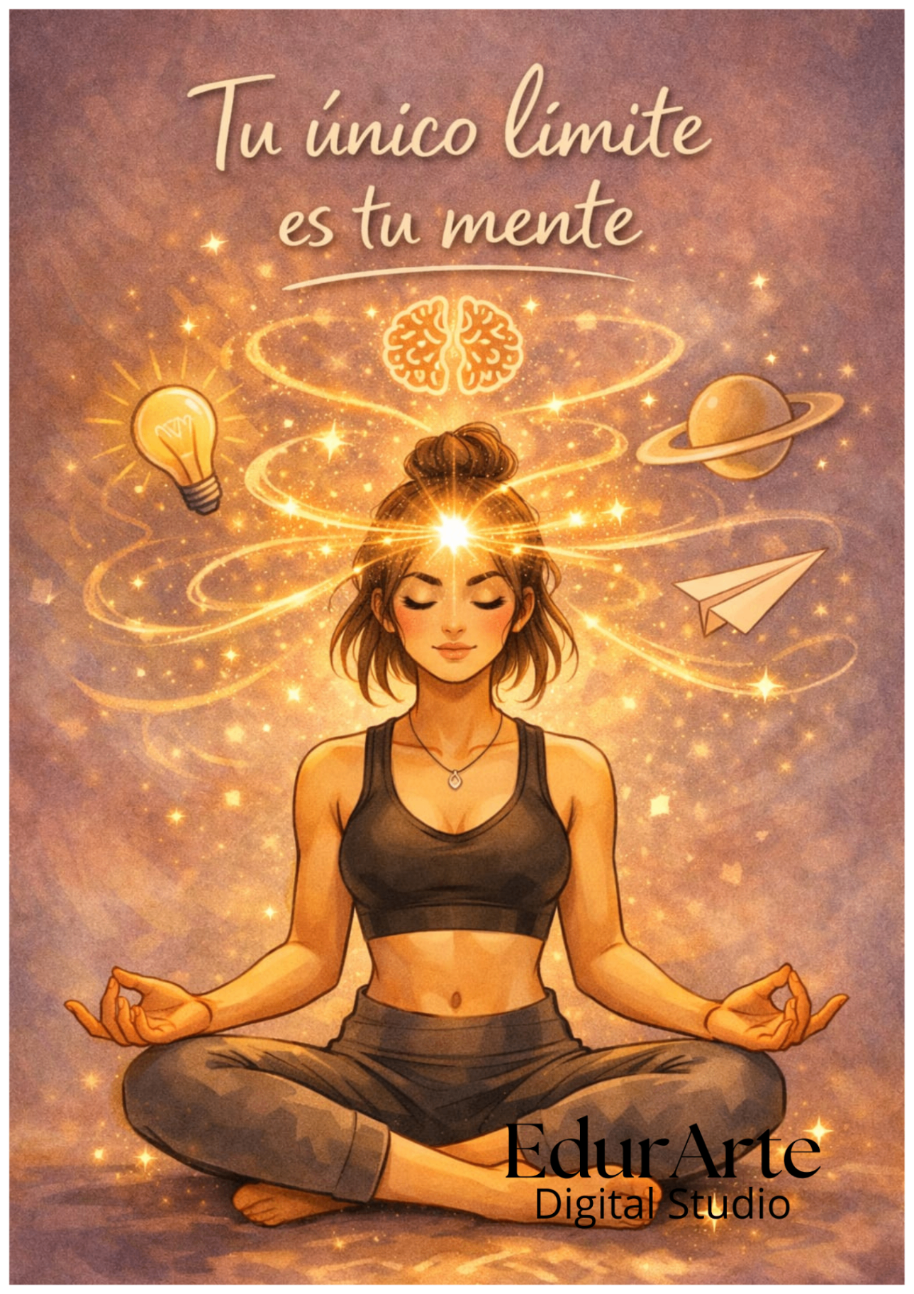 Sin límites — ilustración de una mujer meditando rodeada de luz dorada, símbolos de creatividad y energía mental