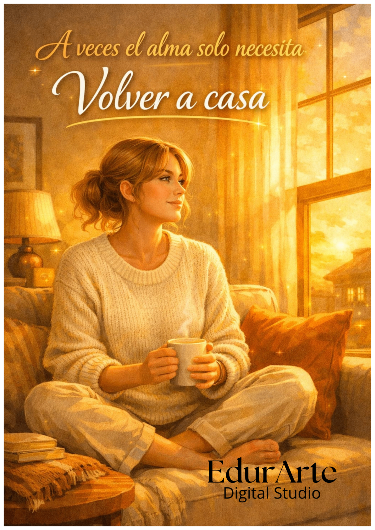 Volver a casa — ilustración digital cálida de una mujer con taza junto a una ventana al atardecer